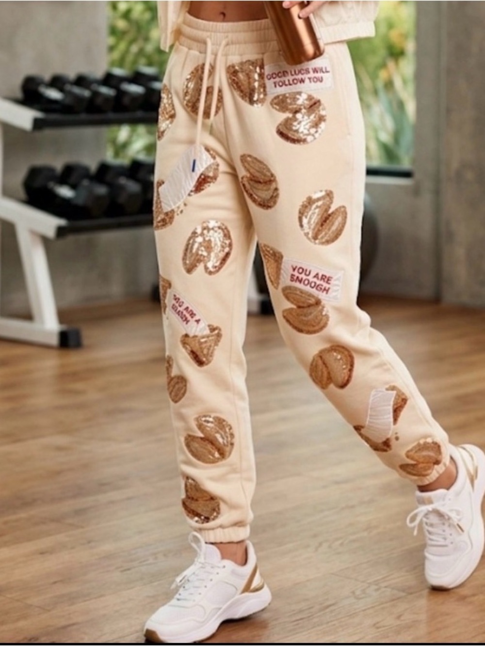 New! QUEEN OF SPARKLES Beige Sequin Fortune Cookie Joggers